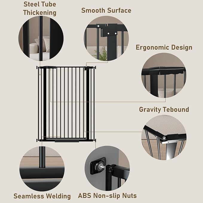 WAOWAO 40.55" Extra Tall 1.37" Ultra Narrow Spacing 30.12-45.87" Extra Wide Dogs Pets Baby Gate Safety Indoor Puppy Pressure Mounted Gate No Drill Black Metal for Stairs,Doorways,Kitchen,Hallway