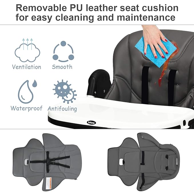 INFANS High Chair for Babies & Toddlers, Foldable Highchair with Multiple Adjustable Backrest, Footrest and Seat Height, Removable Tray, Detachable PU Leather Cushion, Built-in Rear Wheels (Dark Grey)