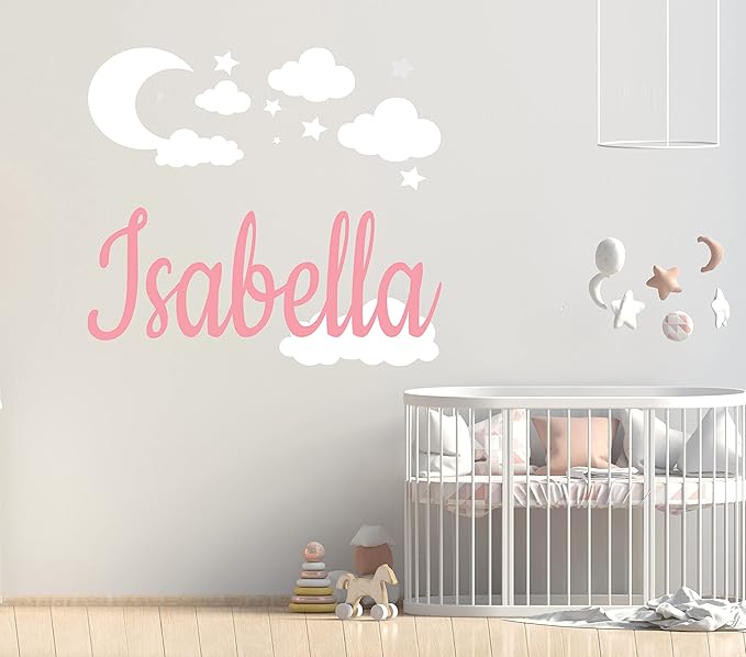 Custom Name with Moon Clouds and Stars Nursery Baby Name Wall Art Wall Decal for Nursery Bedroom playroom Decoration (Wide 40x40In Height), Wide 40Inx40In Height