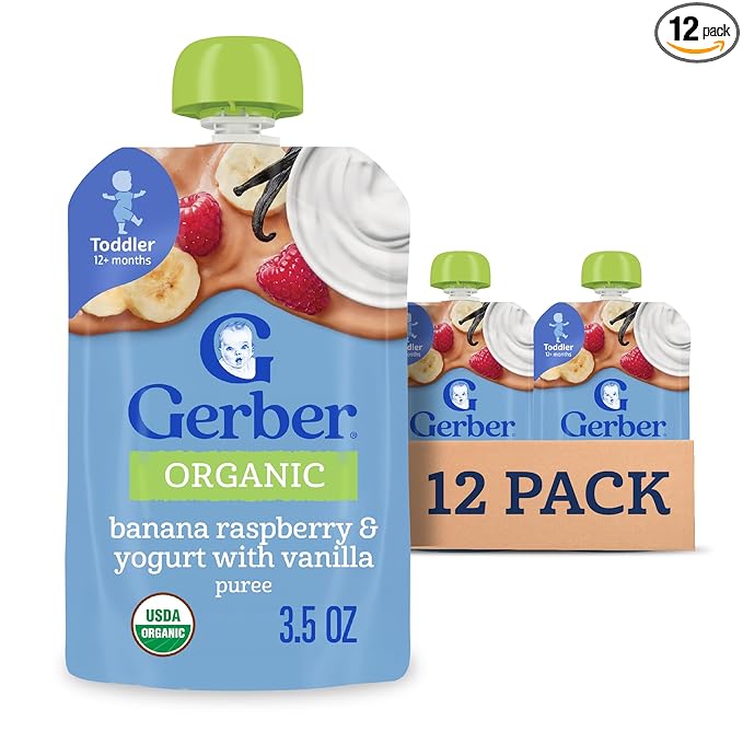 Gerber Toddler Food, Organic Banana Raspberry Yogurt with Vanilla Puree Pouch, Toddler Pouches, No Added Sweetener, No Artificial Colors or Flavors, 12-Pack
