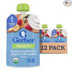 Gerber Toddler Food, Organic Banana Raspberry Yogurt with Vanilla Puree Pouch, Toddler Pouches, No Added Sweetener, No Artificial Colors or Flavors, 12-Pack