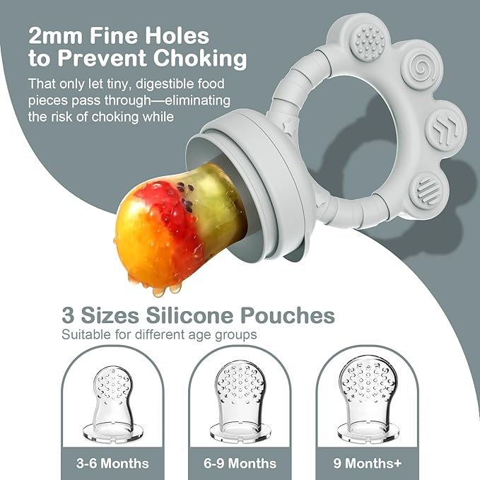 2 Pack Baby Fruit Food Feeder+Breastmilk Popsicle Molds,Baby Teethers,BPA Free,3 Sizes,2mm Fine Holes to Prevent Choking,Perfect for Teething Relief & Infant Solid Food Introduction,3 M+ (Ether/Grey)