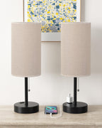 Plus Beige Bedside Table Lamps Set of 2-3 Color Temperatures Pull Chain Lamp with AC Outlet Charging Port, Two Round Night Stand Lamps for Bedroom Guest Room Office, Bed Side Light