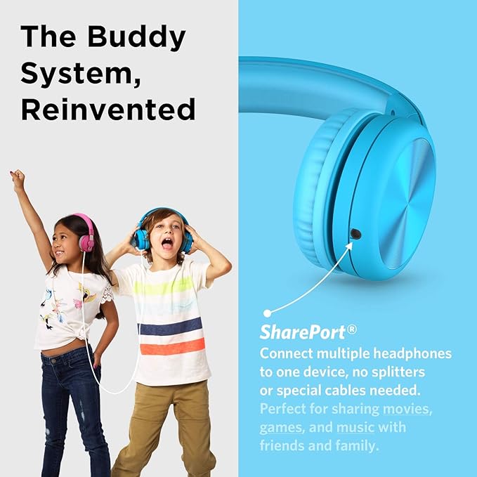 LilGadgets Connect+ Pro Wired Kids Headphones for School w/Microphone, Volume Limiting & Noise Reduction Over-Ear Headset with Cord, SharePort Technology & SoftTouch Padding, Blue Headphones for Kids
