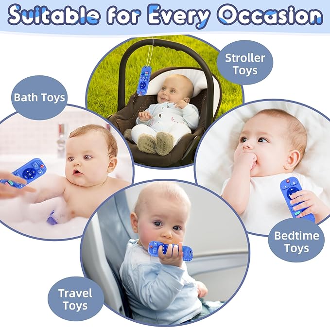 AiTuiTui Baby Teething Relief Chew Toys for 3 6 9 12 Months Essentials, Silicone Teether Remote Control Bath Toy for Autism Newborn Infant Boy Girl Baby Shower Birthday Gifts, Dark Blue