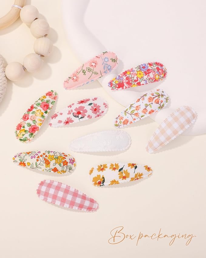 doboi 40 Pcs Floral Print Snap Hairpins, Hair Bows Clips, and Barrettes for Girls - Non-Slip Wrapped Flower Clips Hair Accessories