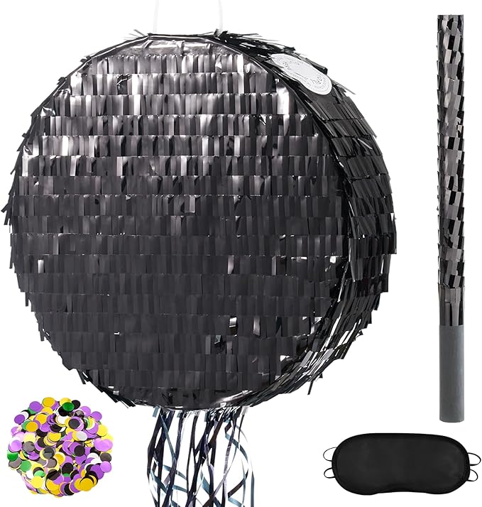 WERNNSAI Black Round Pinata for DIY - Halloween Black Moon Pinata for Kids DIY Birthday Party Disco Decoration for Adult Night Party Supplies with Confetti Bat Blindfold, 12.2”x 12.2”