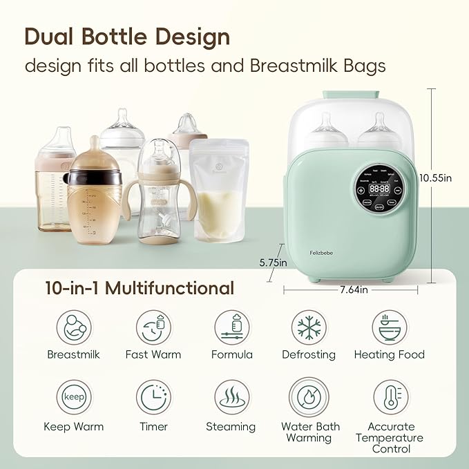 Baby Bottle Warmer, Felizbebe 10-in-1 Double Bottle Warmer for Breastmilk or Formula, Accurate Temperature Control, Timer, Sterili-zing, Defrost, Heat Food, Keep Warm, Breast Milk Warmer for Baby