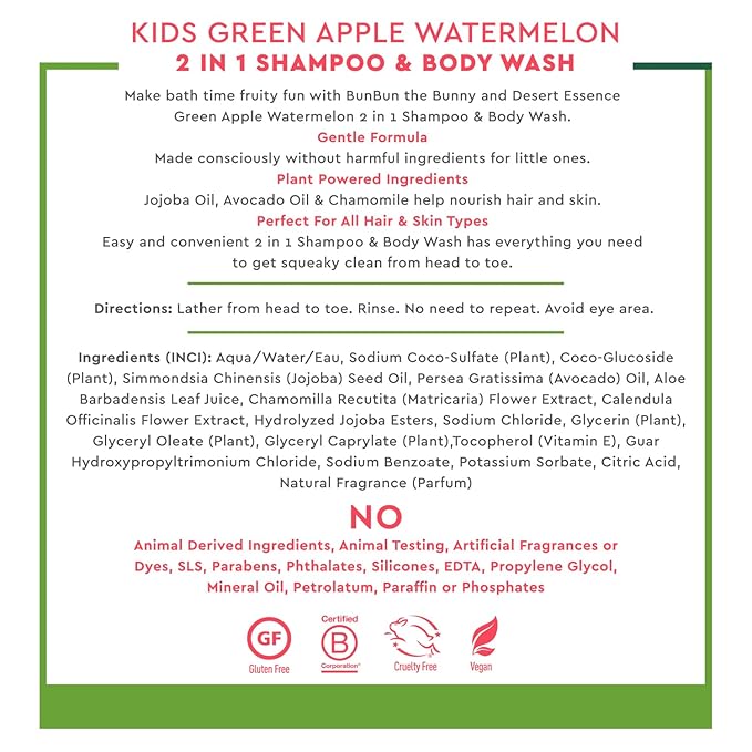 Desert Essence Kids 2-in-1 Shampoo & Body Wash 12.0 fl oz - Vegan, Gluten-Free. Cruelty-Free - Leaves Hair & Skin Nourished - Gentle Formula (Green Apple)