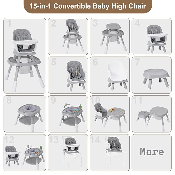 Babyliebe 15-in-1 Baby High Chair, Convertible Highchair for Babies and Toddlers with Activity Center, Booster Seat, Building Block Table, Toddler Chair with Safety Harness, Removable Tray (Gray)