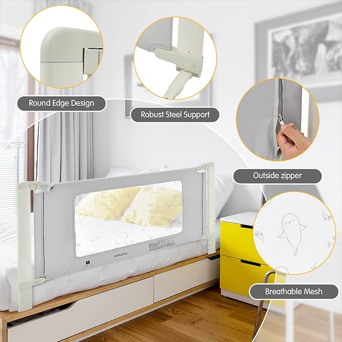 BABY JOY Bed Rails for Toddlers, 70'' Extra Long, Height Adjustable Kids Rail Guard w/Double Safety Lock for Convertible Crib, Folding Baby Bedrail for Twin Double Full Size Queen King Mattress, Gray