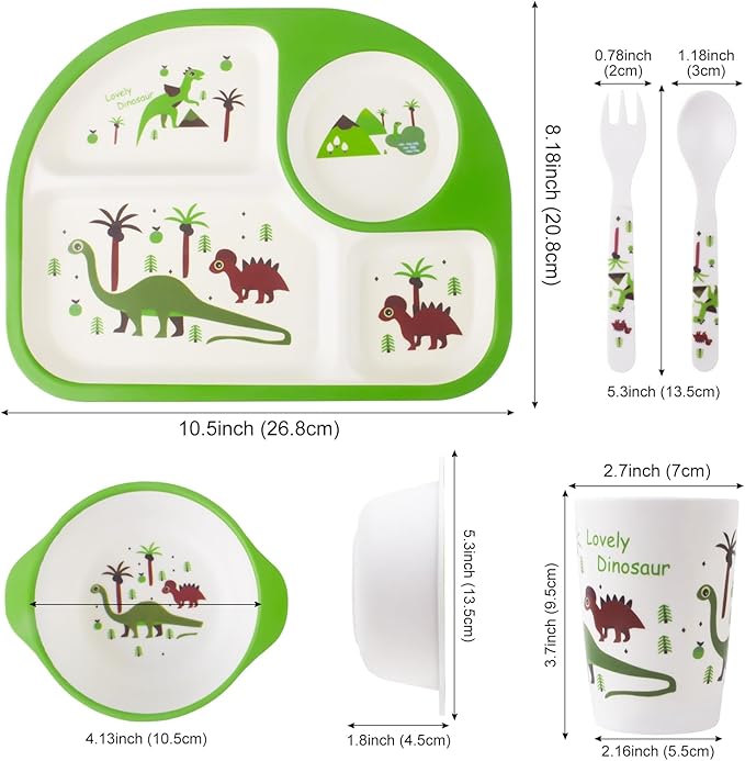 Kids Feeding Set 5 Pcs, Dinosaur Tableware Set for Toddlers, Includes Plate, Bowl, Cup, Fork & Spoon, BPA Free, Multicolor (Green, Brown, Orange), Dishwasher Safe