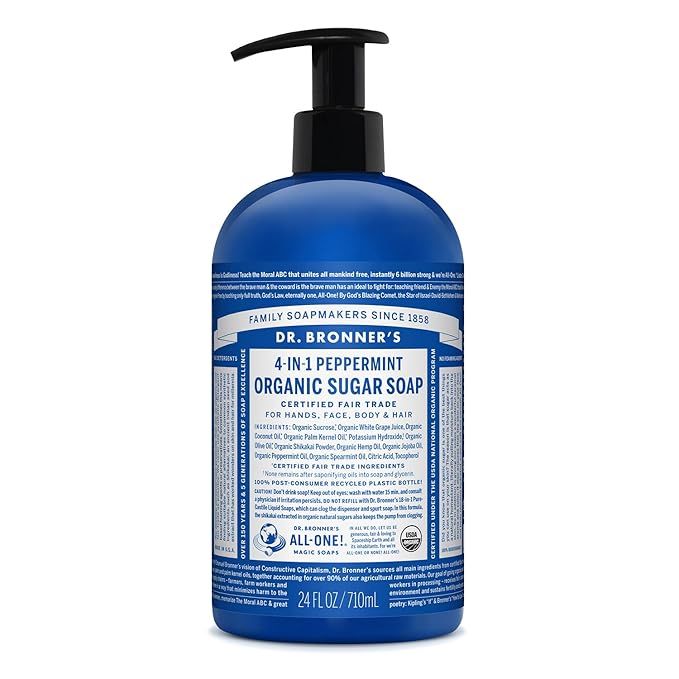 Dr. Bronner's - Organic Sugar Soap (Peppermint, 24 Ounce) - Made with Organic Oils, Sugar & Shikakai Powder, 4-in-1 Uses: Hands, Body, Face & Hair, Cleanses, Moisturizes & Nourishes, Vegan