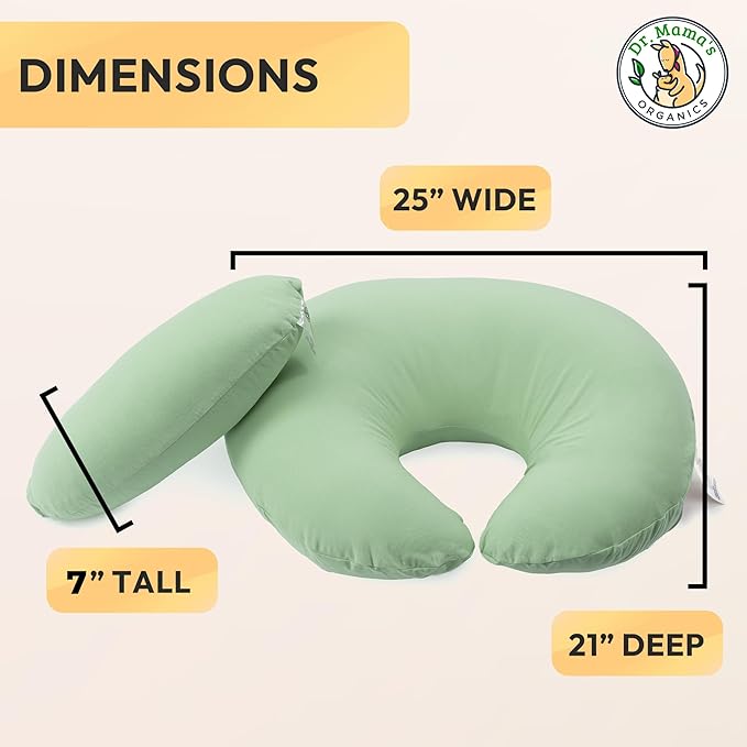 Dr. Mama's Organics Nursing Pillow with Lumbar Support - Ergonomic Design Helps Relieve Back Pain and Arm Fatigue - for Bottle and Breastfeeding - Removable Organic Cotton Cover (Sage)