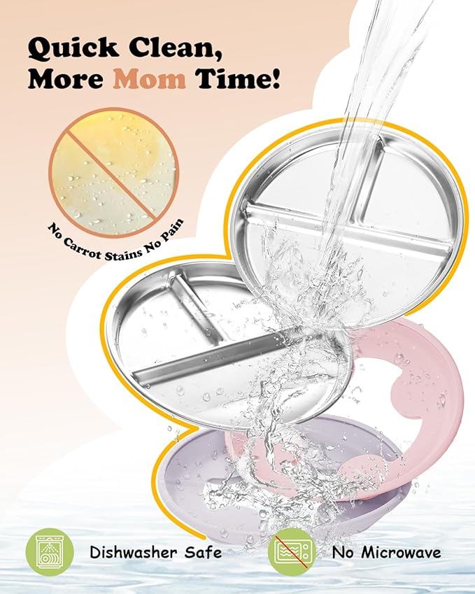Stainless Steel Baby Plate with Suction, 8” Divided Toddler Plates with Removable Silicone Sleeves for Kids, Non-Toxic Non-Slip Unbreakable Dishwasher Safe Dinnerware Set of 2, Pink & Lilac