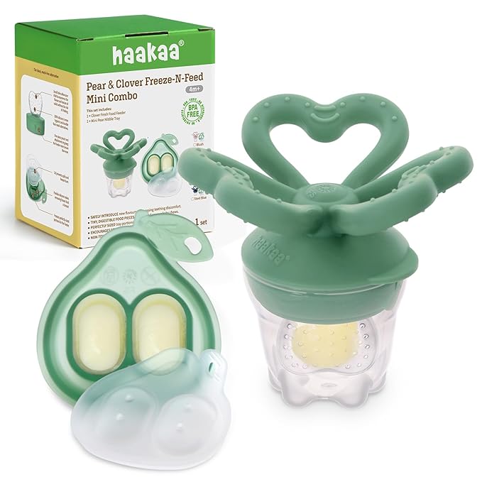 Haakaa Clover Baby Fruit Feeder Teether & Mini Freezer Nibble Tray – BPA-Free Silicone Breastmilk Popsicle Mold for Baby Teething Relief & Self-Feeding, 4M+ (Pea Green)