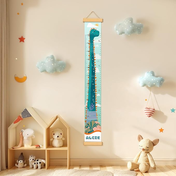 Personalized Name Growth Chart for Kids, Cute Dinosaur Baby Height Chart, Canvas Height Measuring Rulers for Boys Girls, Nursery Decor Baby Boy Girl Growth Ruler Measuring Board