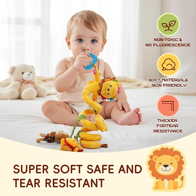 Jollybaby Crib Stroller Car Seat Toys for Baby 0-3-6-9-12 Months, Tummy Time Hanging Sensory Toys for Newborn with Music Box and Teether, Spiral Carseat Toy for Infant Boys Girls Gifts (Little Lion)
