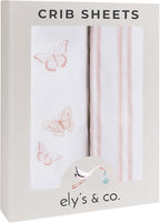 Ely’s & Co. Crib Sheets, Baby Girl Fitted Crib Mattress Sheet Set, 2 Pack, 100% Jersey Knit Cotton, Infant and Toddler Nursery Bedding, Pink Butterfly + Stripes Print, 28” x 52”