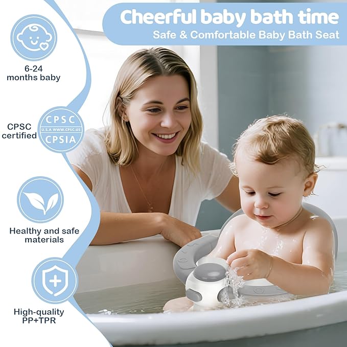 Baby Bath Seat for Babies 6 Months & up, Soft Cushion, Non-Slip Baby Bath Seat, Safe & Comfortable Baby Bath Support, for Bathtub/Living Room/Shower Room (Grey)
