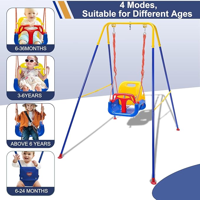 Toddler Swing Set, 3-in-1 Baby Swing Outdoor/Indoor, Toddler Swing&Jumper with Foldable Metal Stand, Baby Swing Outdoor for Aged 6 Months to 10 Years Old