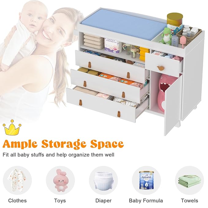 Baby Dresser with Changing Table Top, Baby Changing Table Dresser with 4 Drawers and Adjustable Shelves, Multi-Functional Diaper Changing Station, Nursery Organizer for Kids Bedroom, White
