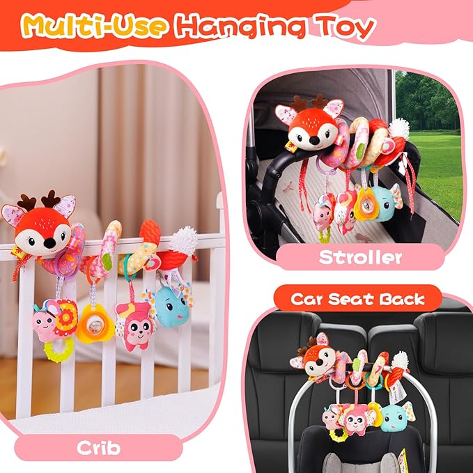 Car Seat Toys, Cute Deer Car Seat Toys for Babies 0-6 Months Boy, Stroller Toys with Crinkle, Teether, Music Box, Rattle, BB Squeaker for 0 3 6 9 12 Months Babies Infant Boys Girls Gifts (Cute Deer)