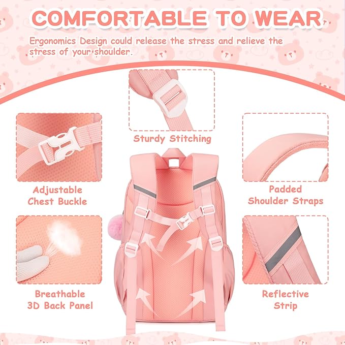 Kids Backpack for Girls School Bags for Middle School Students Book Bag for Elementary Primary Kawaii Ita Backpack, Pink and Beige