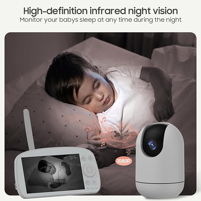 Smart WiFi Baby Monitor with Camera and Audio, 5.5” 1080P Wall-Mountable Display, 360° Pan & Tilt, HD Night Vision, Soothing Music, Multi-User Support, Two-Way Talk, Temperature & Motion Detection