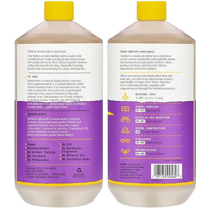 Alaffia Babies and Kids Bubble Bath, Gentle Baby Essentials for Delicate Skin, Cleansing & Calming Bubbles, Plant Based Formula, Vegan, Lemon Lavender (2 Pack - 32 Fl Oz Ea)