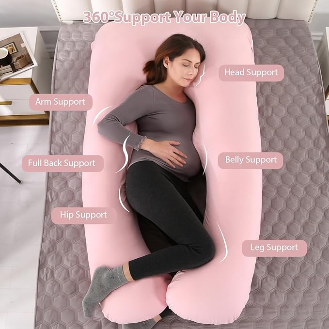 Amagoing Pregnancy Pillow, 57 Inch U Shaped Maternity Full Body Pillow for Sleeping, Support for Women with Hip, Leg, Back Pain, Washable Jersey Cover, Gift for Pregnant Women (Pink)