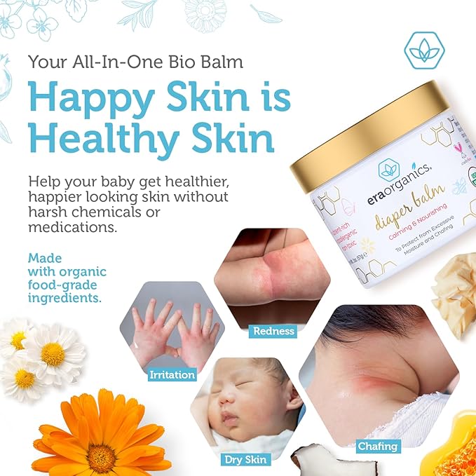 Era Organics Baby Diaper Balm - USDA Organic Ointment Cream Extra Soothing and Nourishing for Dry, Sensitive Skin - All Natural to Help Excess Moisture, Rash or Chafing