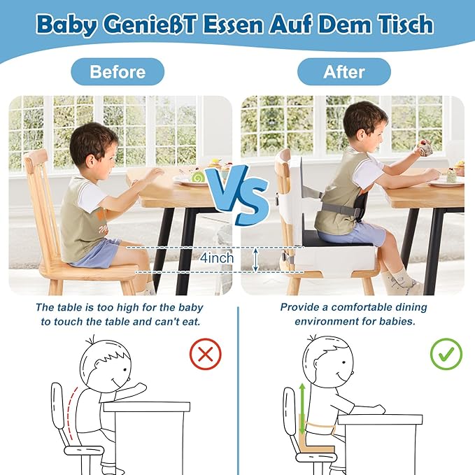 Toddler Booster Seat for Dining Table Kitchen Chair, Waterproof Non-Slip with Backrest & Adjustable Straps, Portable PU Travel Baby Kids Booster Seat Cushion