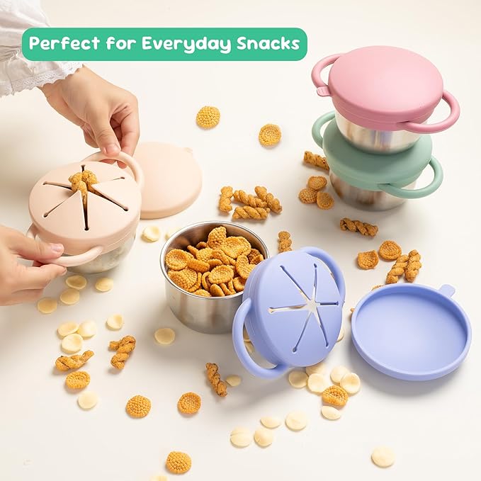 1 Pack Snack Containers for Toddlers, 3-in-1 Stainless Steel Toddler Snack Cups with Removable Silicone Food Catcher & Travel Lids, No-Spill Snack Container for Baby Self-feeding