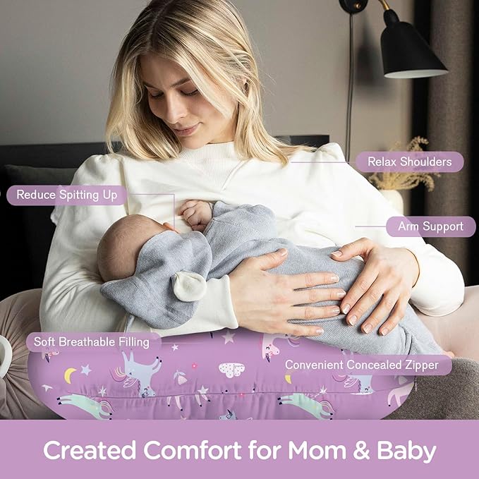 Little Grape Land Nursing Pillow for Infants, Breastfeeding Pillows, Baby Support Pillow for Nursing, Bottle Feeding, Tummy Time with Machine Washable Cover & Breathable Filling (Unicorn)
