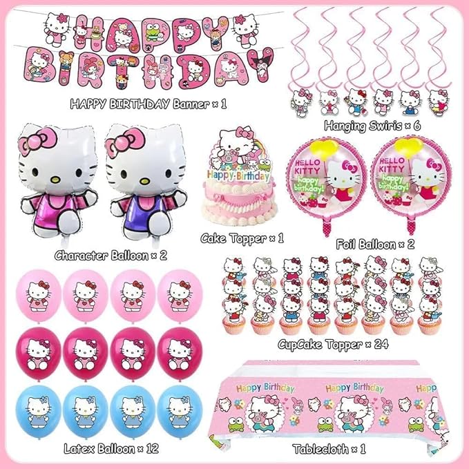 49Pcs - Kitty Birthday Party Decorations Set, Pink Theme with Banner, Balloons, Tablecloth, Cake Toppers.