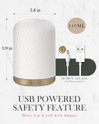 Essential Oil Diffuser,110ML Diffusers for Essential Oils Large Room, Ceramic Diffusers USB Powered Decorative Ultrasonic Defuzzer, Ideal for Aesthetic Home,Dorm Décor, Yoga,White
