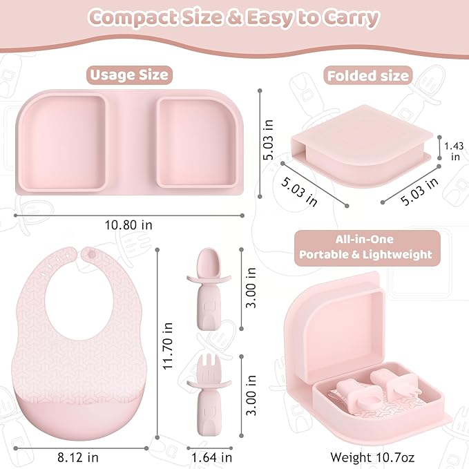 Traval Silicone Foldable Feeding Set, On-the-Go Baby Feeding Supplies Including Toddler Plates, Silicone Baby Spoon&Fork, Adjustable Foldable Bib, Portable Infant Toddler Utensils, Pink