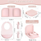 Traval Silicone Foldable Feeding Set, On-the-Go Baby Feeding Supplies Including Toddler Plates, Silicone Baby Spoon&Fork, Adjustable Foldable Bib, Portable Infant Toddler Utensils, Pink