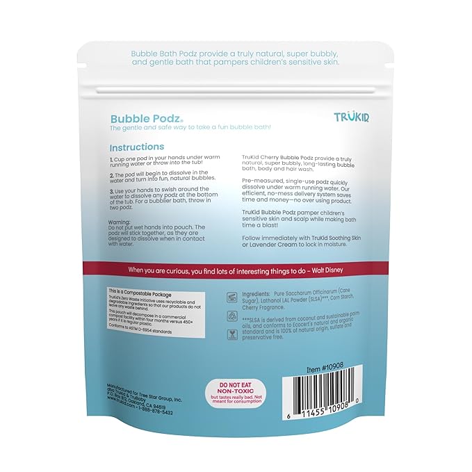 TruKid Bubble Podz Bubble Bath for Kids, Toddlers, & Babies, Tear Free Gentle & Refreshing Bath Bomb for Sensitive Skin with Natural Moisturizers, Non-Toxic, pH Balanced, Cherry Scent (60 Podz)