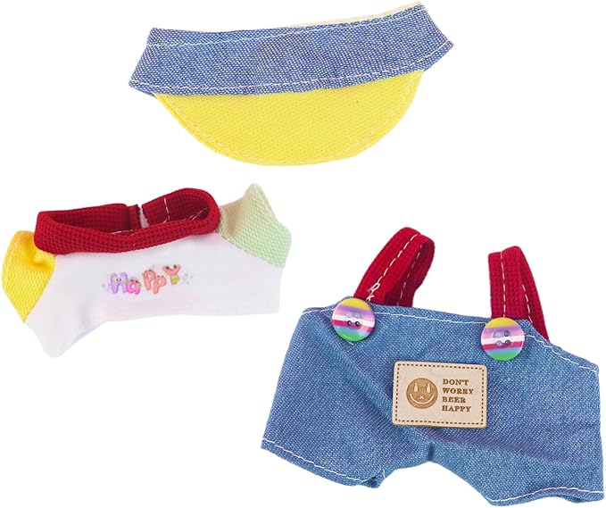 Adorable 3 Pcs Mini Doll Clothes Set – Hat, T-Shirt & Candy Bib Pants for 15cm/17cm Dolls – Vibrant Outfits & Accessories Fits 15cm Dolls (No Doll)