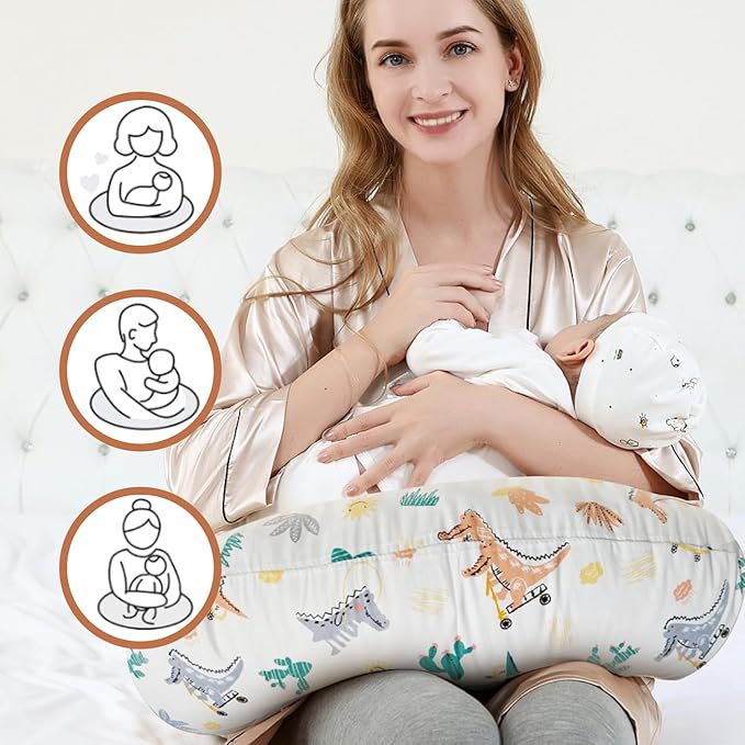 Nursing Pillow, Ergonomic Support Breastfeeding Pillow for Easier Breast Feeding and Bottle Feeding, Baby Feeding Pillow with Machine Washable Cotton Cover (Dinosaur)