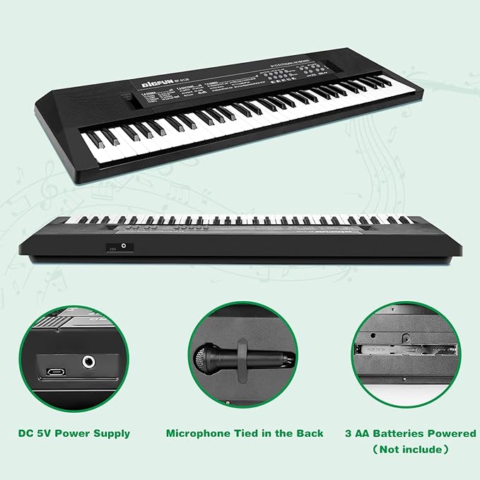 M SANMERSEN Kids Music Keyboard, 61-Key Portable Electronic Piano Toy with Microphone, Teaching Tool for Beginners, Ages 3-12, Black