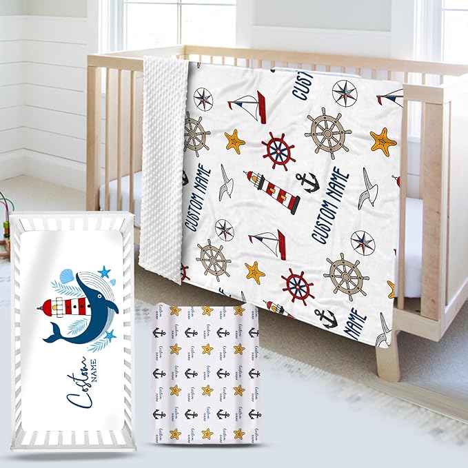 Personalized Baby Crib Bedding Set, Custom Name Lighthouse Theme Nursery Bedding Set 3 Pcs, Baby Blanket Fitted Crib Sheet Changing Pad Cover, Personalized Nursery Decor Gift for Newborns Boys