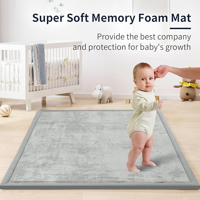 ACOMOPACK Baby Play Mat for Floor 1.3" Thick Memory Foam Play Mat 39"×59" Tummy Time Crawling with Non-Slip Bottom for Living Room,Nursery,Soft Velvet Playpen Mats for Kids,Infants（Light Grey）