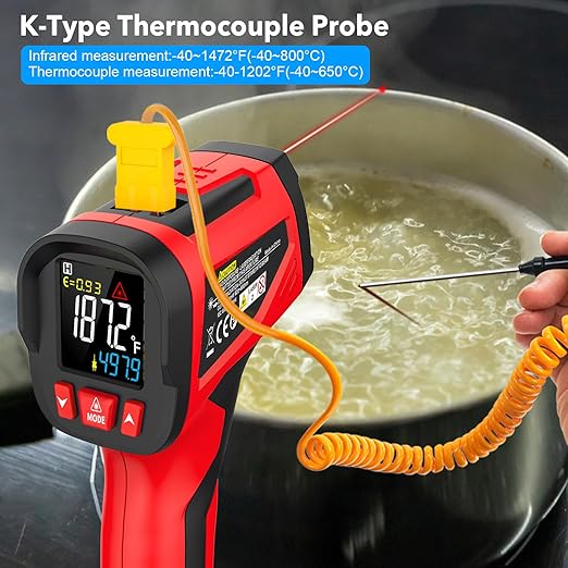 Infrared Thermometer Temperature Gun, TEMIRUP Digital Laser Temperature Gun with Probe for Cooking, Pizza Ovens, Griddles, Meat, HVAC, Non-Contact IR Temp Gun with Adjustable Emissivity, -40°F~1472℉