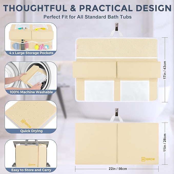 Bath Kneeler and Elbow Rest Pad Set - Comfortable 1.5” Thick Baby Bath Kneeler Pads with Toys Organizer, Non-Slip Knee Arm Support Bathtub Mat, Quick-Drying Kneeling Pad for Baby Bath Time