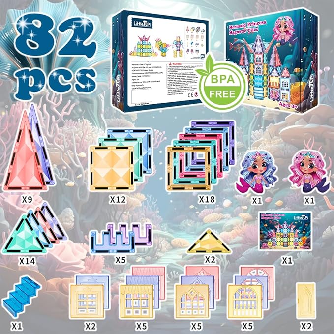 Little Pi Mermaid Princess Magnetic Building Blocks Castle - Magnet Tiles Doll House - Educational Stem Playset Toddler Toys - Birthday Gift for Kids Age 3 4 5 6 7 8 Year Old Girls & Boys