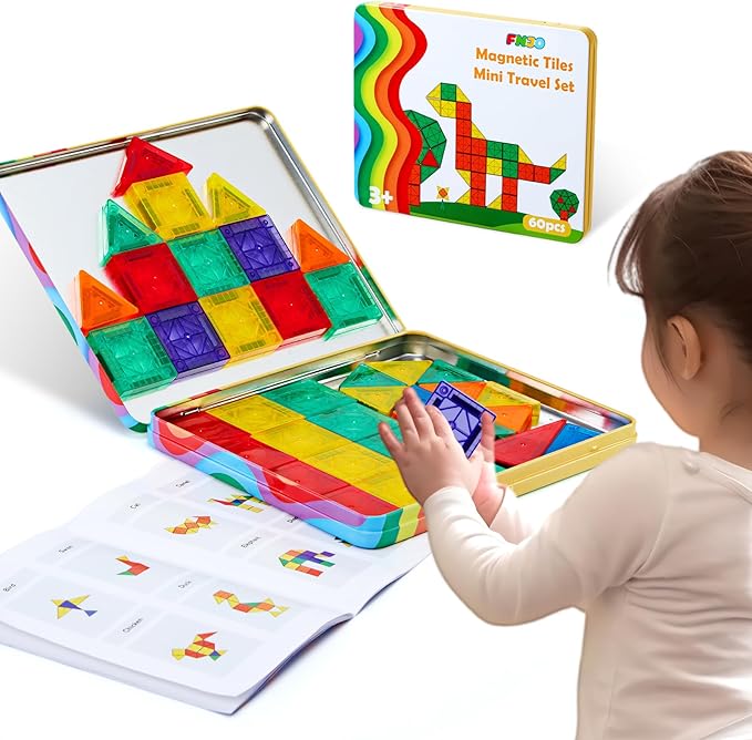 FNJO Mini Magnetic Tiles, Magnet Building Set,60 PCS Building Blocks Set STEM Preschool Montessori Toy for Kids Boys Girls