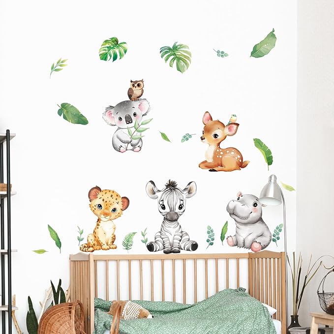 Tanlaby Jungle Animals Wall Stickers Cartoon Woodland Animal Wall Decals Zebra Forest Peel and Stick Art Sticker for Baby Nursery Kids Bedroom Playroom Daycare Classroom Decor